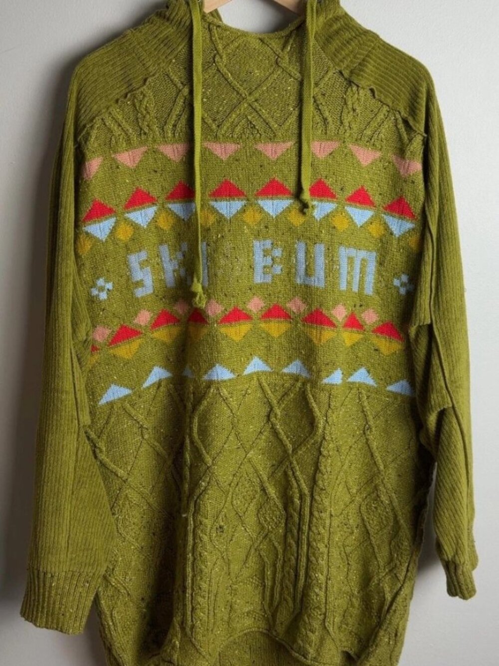 Free People Ski Bum Green Cable Knit Hooded Sweater Size Medium Women’s